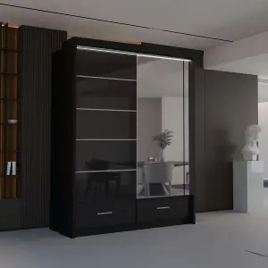 Sliding Wardrobes 4U Bradford Modern High Gloss Sliding Door Wardrobe in 3 Colors & Sizes - (Black - W1500mm, H2200mm)