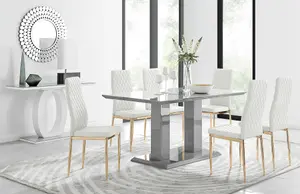 Imperia Grey High Gloss 6 Seater Dining Table with Structural 2 Plinth Column Legs 6 White Faux Leather Gold Leg Milan Chairs