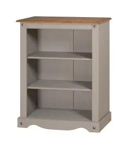 Mercers Furniture Corona Grey Wax Small Bookcase 2 Shelf Open Display Unit Solid Pine with Mexican Styling