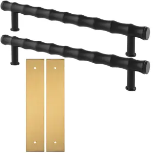 2 PACK - Pull Handle & Contrasting Backplate Set - Modern Bamboo T Bar - Matt Black & Satin Brass