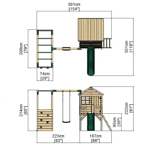 Rebo Orchard 4ft Wooden Children's Playhouse, Swings, Monkey Bars, Deck & 6ft Slide - Single Swing - Solar Green