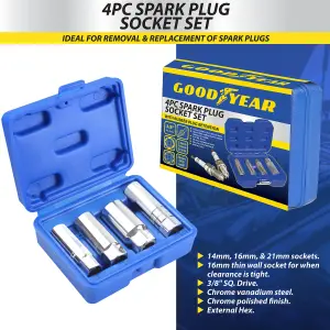 Goodyear 4pc Spark Plug Socket Set With Rubber Plug Retention External Hex