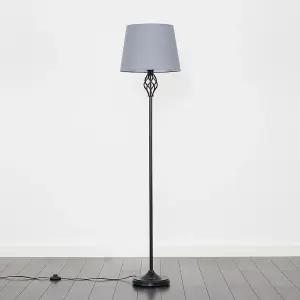 ValueLights Memphis Traditional Style Black Barley Twist Floor Lamp with Grey Tapered Light Shade - with LED GLS Bulb