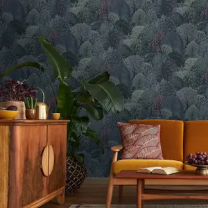 Holden Decor Tree Tapestry Navy Berry Wallpaper Woodland Floral Feature Wall