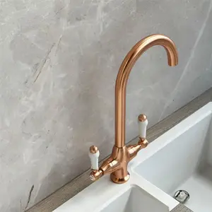 Liquida W22CP Traditional Swivel Spout Twin Lever Copper Kitchen Mixer Tap