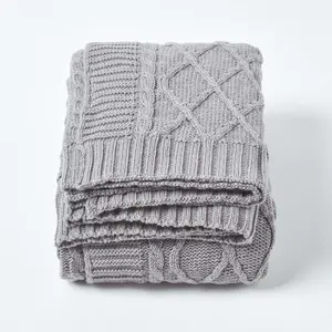 Homescapes Grey Diamond Cable Knit Cotton Throw, 130 x 170 cm