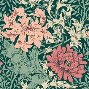 Hoopla Walls Chrysanthemum  Green & Pink Smooth Matt Wallpaper