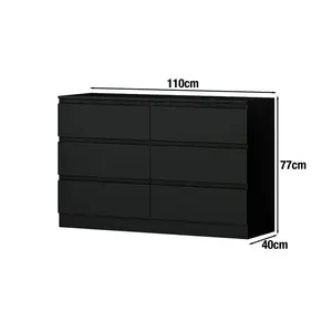 Carlton 6 Drawer Double Dresser - 3+3 Configuration, Scratch-Resistant, Handleless Design, Matte Finish. 12cm Deep Drawers Matt Black