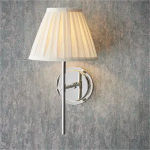 Indoor Bright Nickel Plate Wall Light - Cream Fabric Shade - Dimmable 6W LED E14