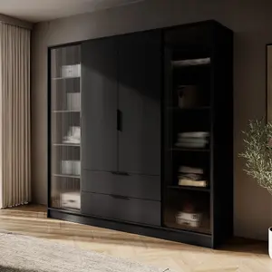  Kelly 206cm Glass Door Wardrobe in Classic Black - Timeless Storage with Reflective Elements