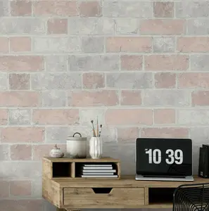 Brick Wall Effect Stone Pale Pink Light Grey Rustic Wallpaper Blush Girls Art