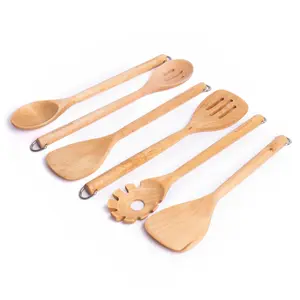 6pc Eco-Friendly Birchwood Utensil Set with Basting Spoon, Slotted Spoon, Short Turner, Solid Turner & Pasta Server