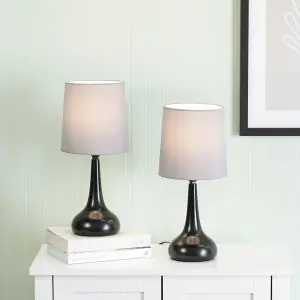 Pair - Black Teardrop Touch Dimmer Table Lamps with Grey Shade for Bedside Table Bedroom Light - LED Bulbs Included