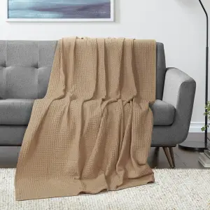 EHC Luxuriously Soft Chunky Waffle Cotton Throws Large Sofa Bed, Sofa, Couch Blanket Bedspread, Double, 150 x 200 cm - Beige