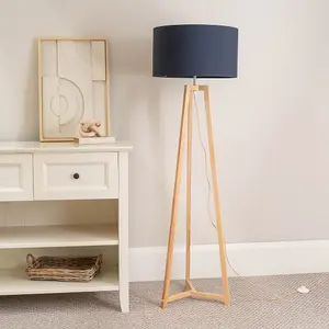 ValueLights Lottie Natural Wood Tripod Floor Lamp with Navy Blue Drum Shade - LED Bulb Included