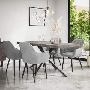 Donni Dining Table And Chairs -  Concrete Effect Table Top w Black Legs + Anika Velvet Dining Chair Set Of 4 (Grey)