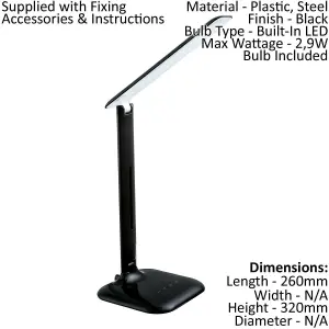 2 PACK Table Desk Lamp Colour Black Steel Touch On/Off DIm LED 2.9W Included