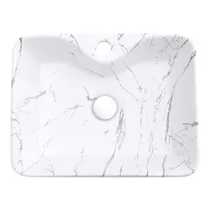 Rectangular White Ceramic Marble Effect Texture Countertop Basin Bathroom Sink W 480mm x D 370mm