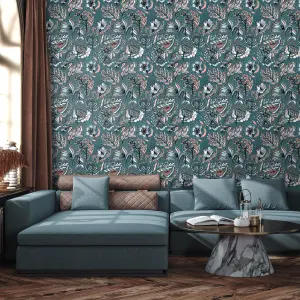 Galerie Pepper Felice Green Flocked Wild Flower Matte Wallpaper