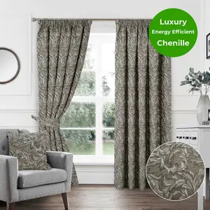 Home Curtains Georgia Chenille Fully Lined Floral 65w x 54d" (165x137cm) Natural Pencil Pleat Curtains (PAIR)