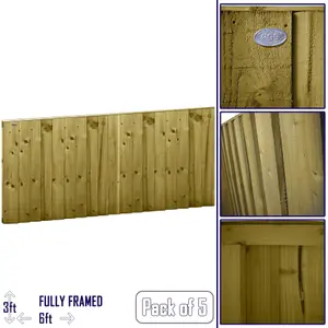 Flat Top Feather Edge Fence Panel (Pack of 5) Width: 6ft x Height: 3ft Vertical Closeboard Planks Fully Framed