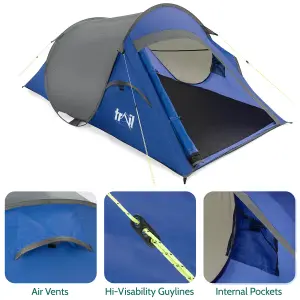 2 Man Pop Up Tent Lightweight Portable Camping Festival Shelter Single Skin Trail - Blue