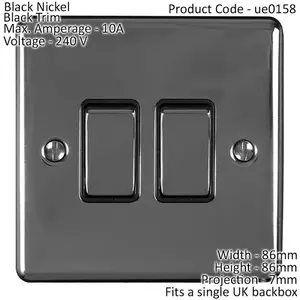 2 Gang Double Light Switch BLACK NICKEL 2 Way 10A Black Trim & Metal Rocker