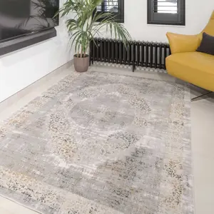 Grey Gold Metallic Traditional Medallion Distressed Living Area Rug 60x110cm