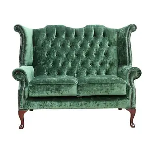 Chesterfield 2 Seater High Back Sofa Modena Forest Green Velvet Fabric In Queen Anne Style