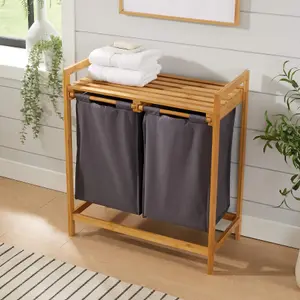 Home Source Walton Bamboo Laundry Basket with 2 Grey Fabric Compartments Storage Unit