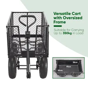 Garden TRAILER Deluxe High Sided Cart Pull Along Trolley 500kg Heavy Duty Black Utility Gardeners Wagon with Liner, Folding Sides