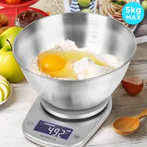 Duronic KS5000 SR/SS Digital Kitchen Scale with Bowl, 5kg, LCD Backlit Display, Tare Function, 1g Precision - Silver