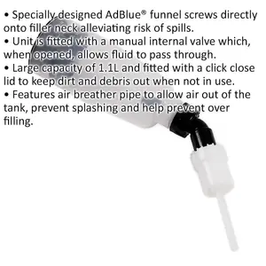 1.1 Litre Angled AdBlue Filling Funnel - Manual Internal Valve - Screw On