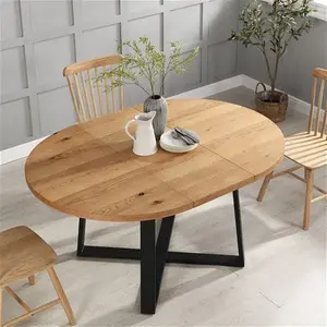 Bern Extending Round Oak Dining Table, Modern Industrial Oak Wood Metal Leg Design, Black/Oak Modern Wooden - Daals - Dining Tables