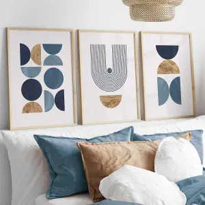 Mid Century Geometric Wall Art Prints in Blue and Gold / 42x59cm (A2) / Black Frame