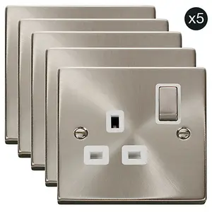 5 PACK - Satin / Brushed Chrome 1 Gang 13A DP Ingot Switched Plug Socket - White Trim - SE Home