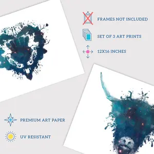 Ink Splat Thistle Heart Hairy Coo Cow Stag Celestial Space Scottish - 3 Piece No Frame Print Set 40.5cm H x 30.5cm W x 0.3cm D