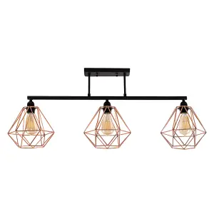 ValueLights Fillatt Industrial 3 Way Satin Black Pipework Ceiling Light with Copper Cage Shades