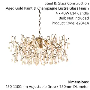 Aged Gold Branch Ceiling Chandelier - Glass Droplets - Decorative Light Fitting