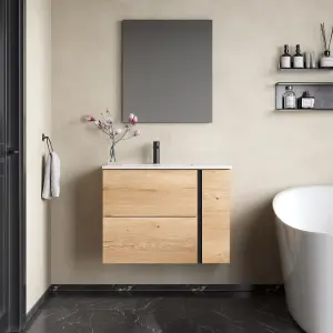 Banyetti Evora 800mm Wall Hung Basin Unit with Matt Black Handles - Natural Oak