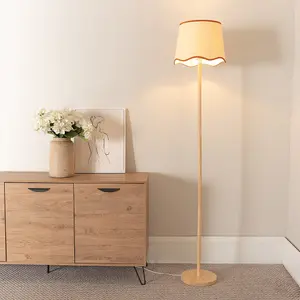 ValueLights Heather Light Wood Stem Floor Lamp with Scallop Rust Trim Tapered Shade and LED Bulb