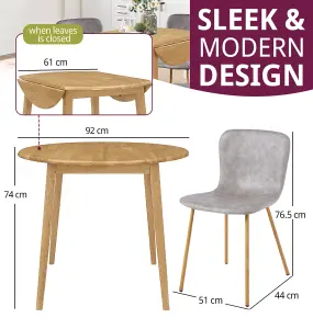 Hallowood Furniture Ledbury Light Oak Drop Leaf Round Dining Table with 4 Grey Leather Effect Chairs