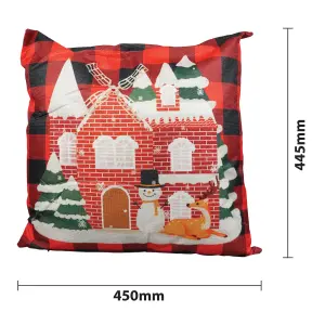 Xmas Haus Christmas Themed Cushion Snowy House with Snowman and Deer Red/Black Linen