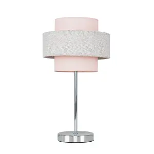 ValueLights Weaver Modern Polished Chrome Touch Bedside Table with Pink and Grey Herringbone Shade