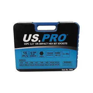 US PRO TOOLS 16pc 1/2" DR Impact Hex Bit Sockets H4 - H19 3998