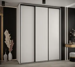 Spacious White Sliding Wardrobe H2050mm W2000mm D600mm with Customisable Black Steel Handles and Decorative Strips