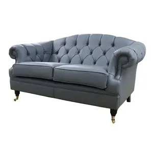 Chesterfield Handmade 2 Seater Sofa Settee Piping Grey Leather In Victoria Style