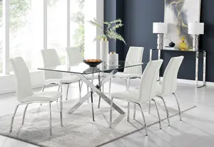 Furniturebox UK Leonardo Glass And Chrome Metal Dining Table And 6 White Isco Faux Leather Chairs