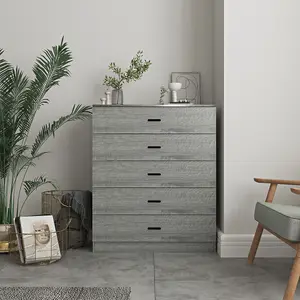 URBNLIVING Height 90cm 5 Drawer Wooden Bedroom Chest Cabinet Modern Ash Grey Carcass and Ash Grey Drawers Wide Storage Cupboard