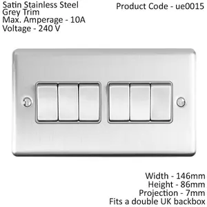 6 Gang Multi Light Switch SATIN STEEL 2 Way 10A Grey Trim & Metal Rocker